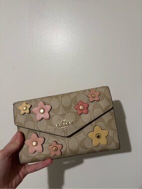 Coach Beige Signature Floral Appliqué Wallet Clutch